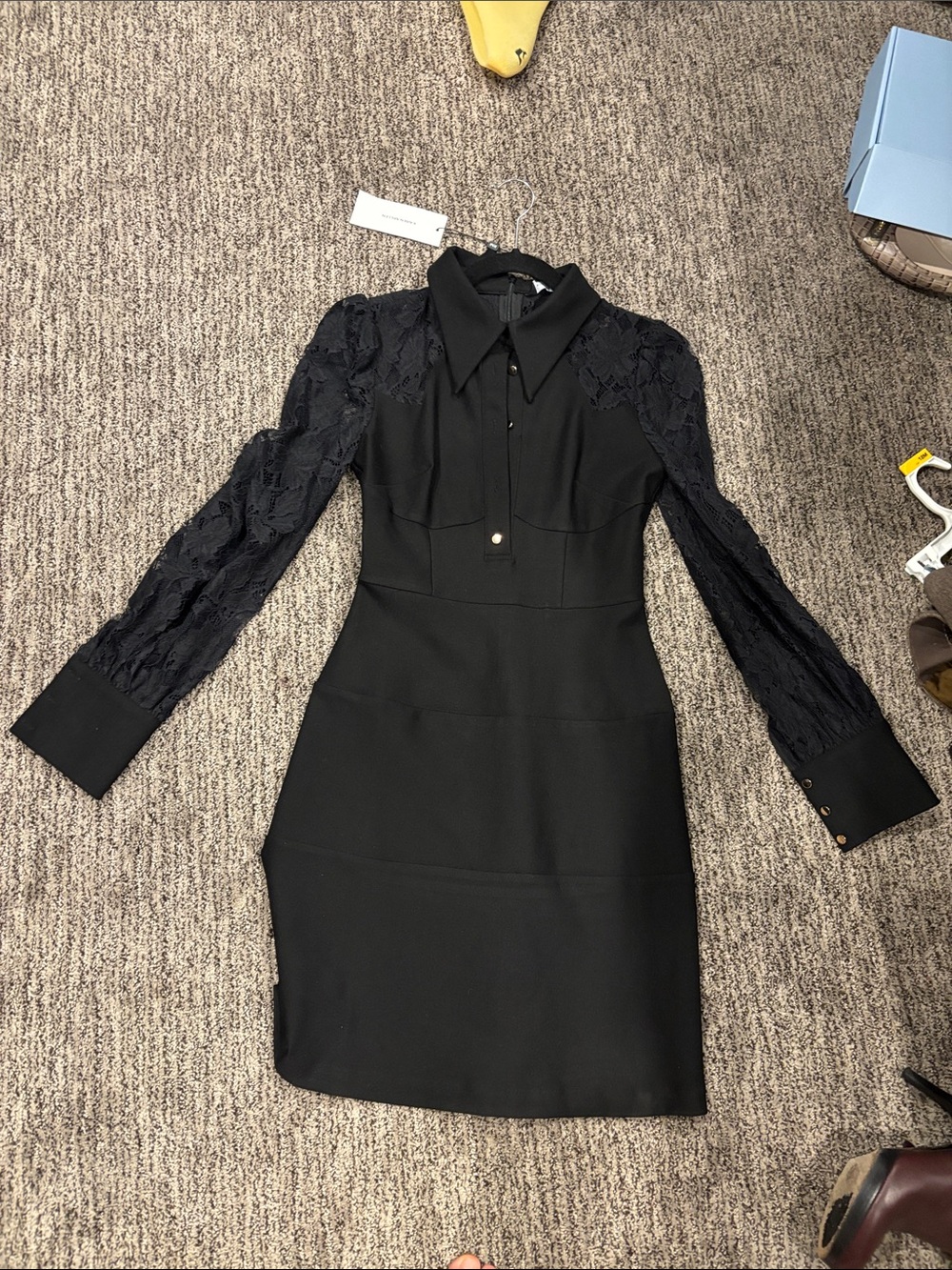 Karen Millen Black Lace Sleeve Collared Sheath Dress brand new